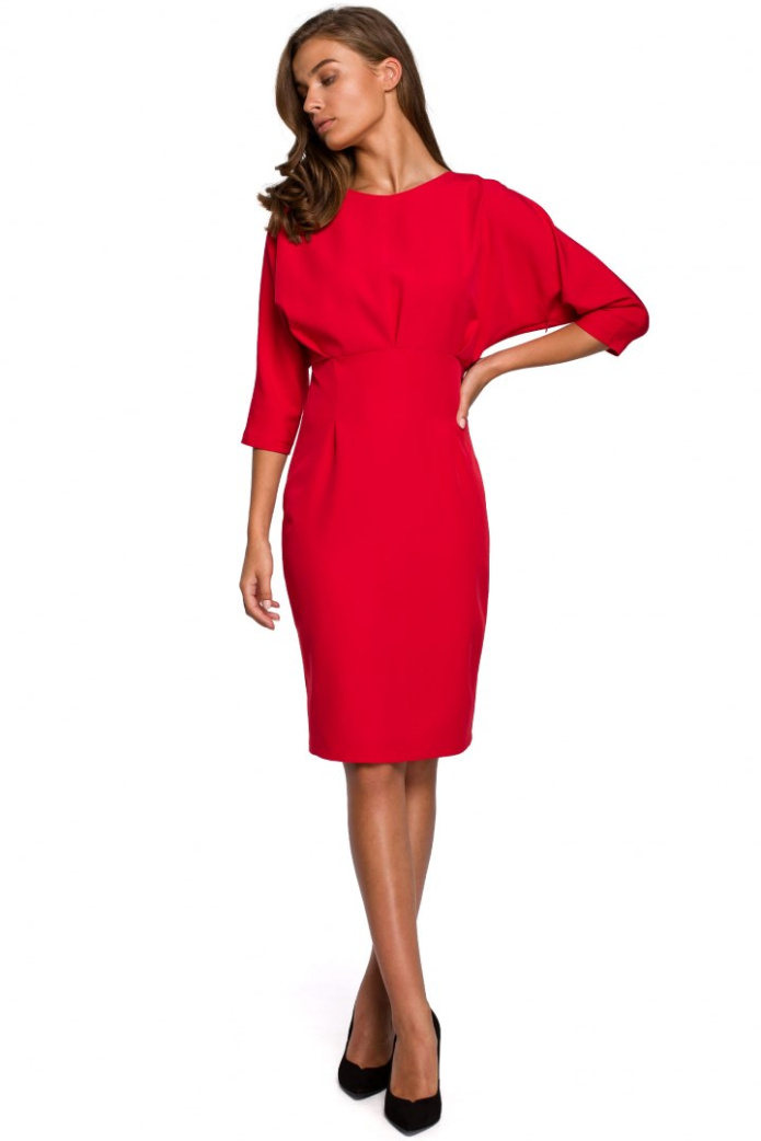Sukienka Midi - Elegancka Ołówkowa Krótki Rękaw - czerwona